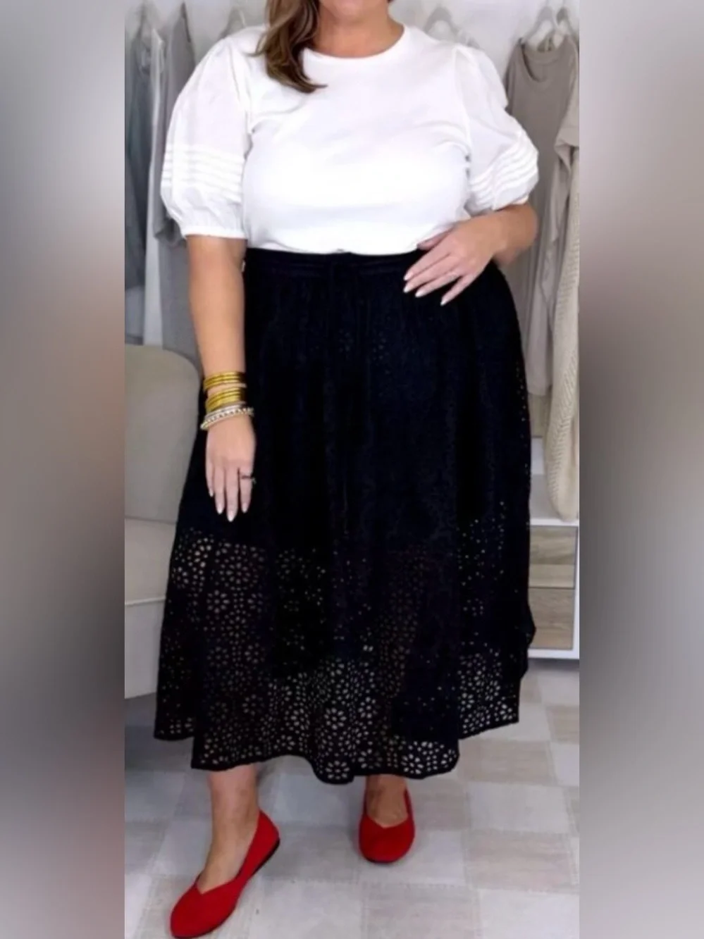 The Drop Black Eyelet Midi A-line Skirt SIZE XXL    *LIKE NEW*